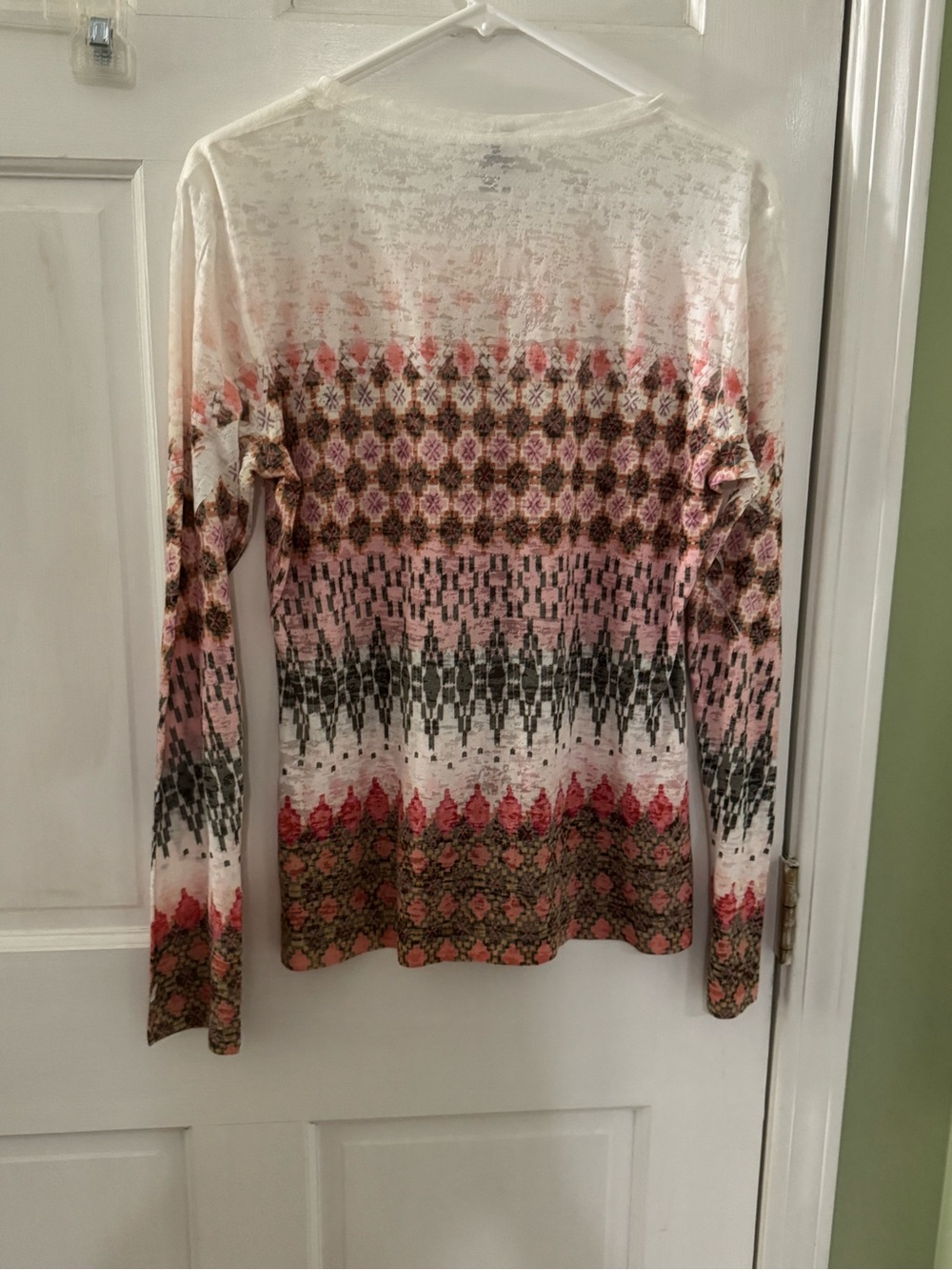 Prana Long Sleeve Crewneck Top in Pink, White & Brown